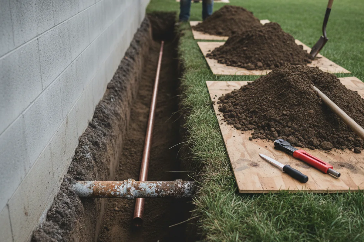 Excavated water line trench during Water Softener Installation in Ashland